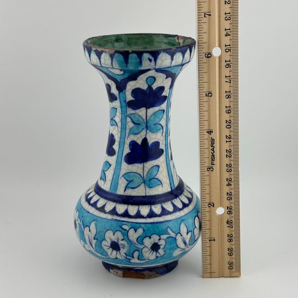 Antique Handmade Hand Painted Glazed Terracotta Vase Iznic Pottery Blue 6.5" H - Picture 4 of 12